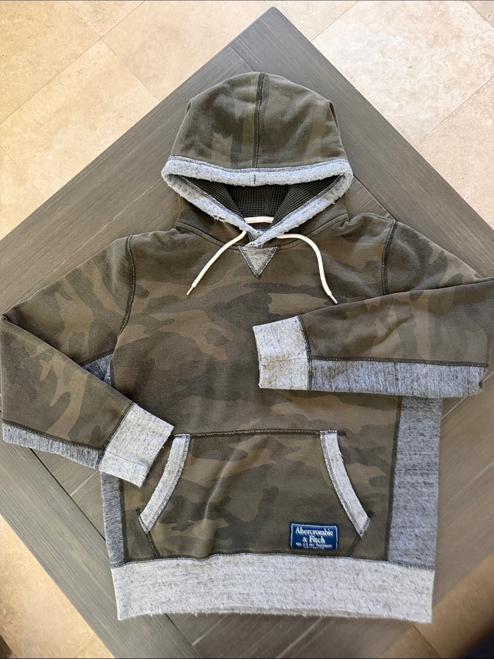 Abercrombie & Fitch Men's Olive Camo Pullover Hoodie with Heather Gray Trim